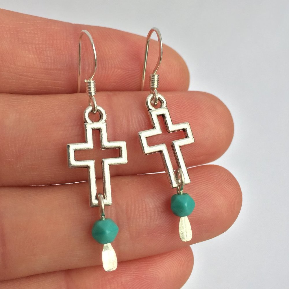 Silver Cross Vintage Turquoise dangle Earrings